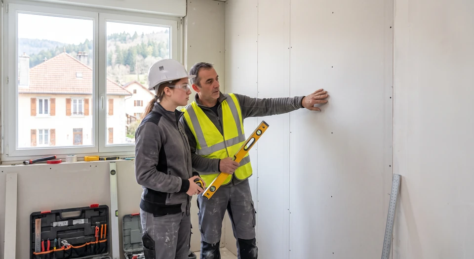 Artisan père et sa fille apprentie travaillant ensemble sur un chantier intérieur, discutant d'une plaque de plâtre posée sur une cloison. L'artisan tient un outil et sa fille observe ou assiste, montrant une transmission de savoir-faire dans un contexte de rénovation professionnelle.