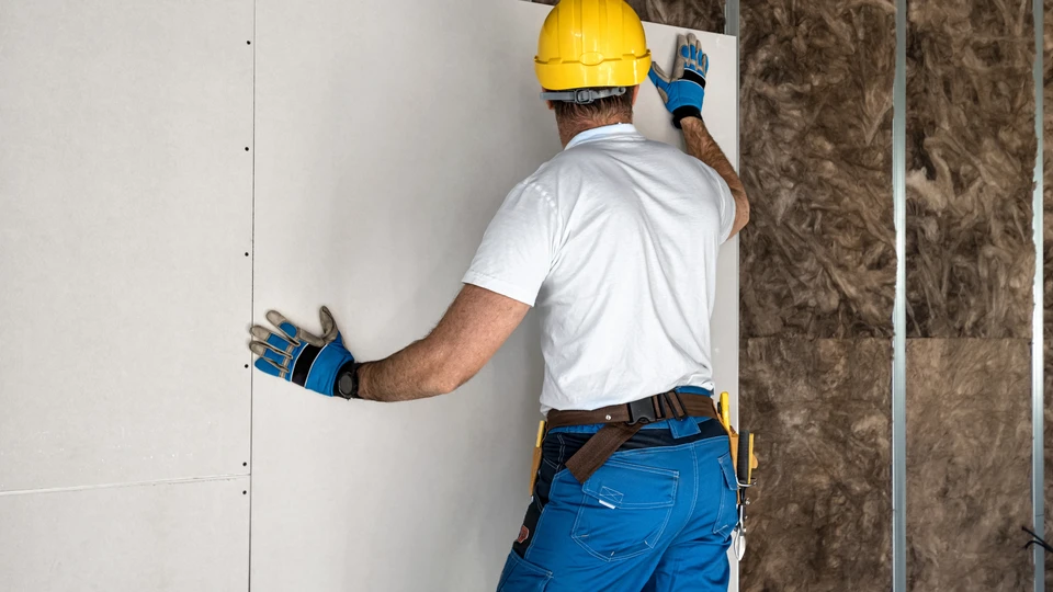 Ouvrier en bâtiment installant des plaques de plâtre sur ossature métallique
