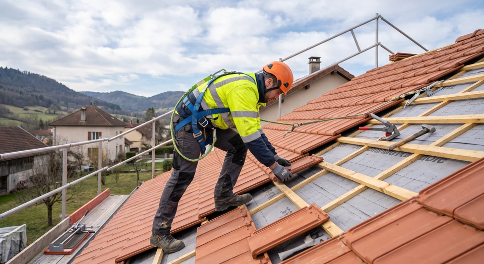 Artisan posant des tuiles de couverture sur une toiture, en hauteur sur une maison résidentielle, avec des combles en arrière-plan, montrant le matériau de toiture et l'étanchéité de la pose contre les intempéries.