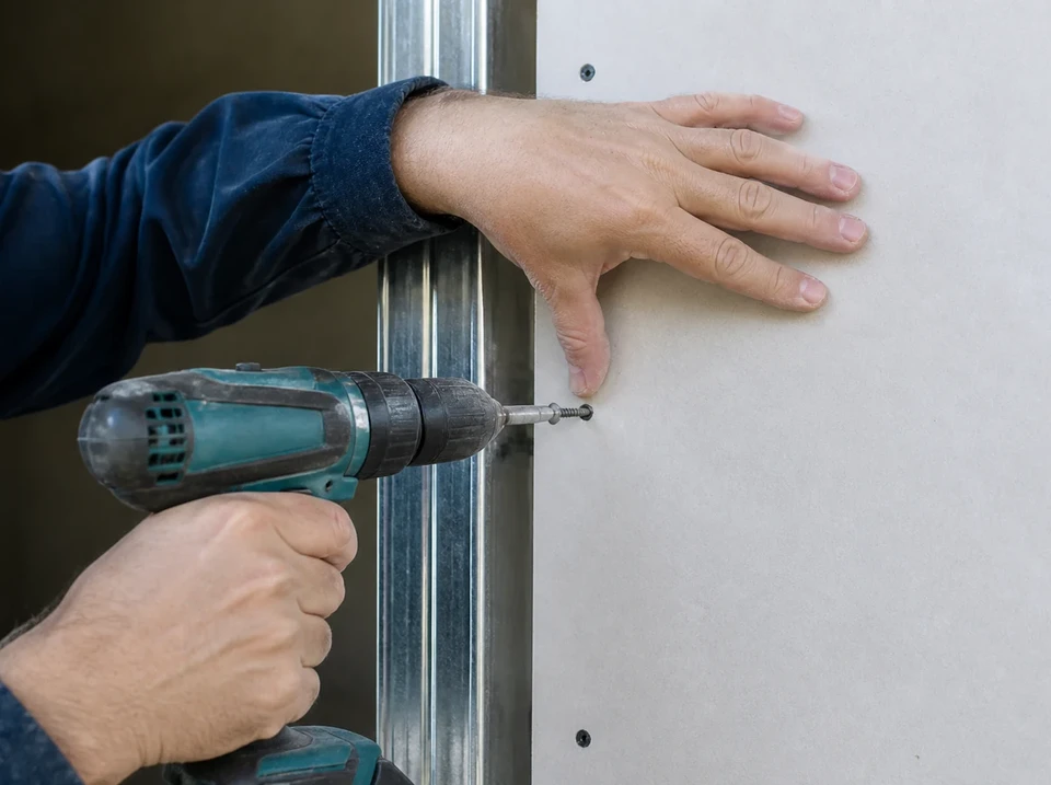 Artisan menuisier en salopette bleue installant une porte intérieure en bois clair avec inserts vitrés