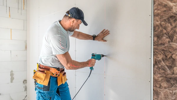 Artisan installant un plan de travail de cuisine dans un environnement domestique moderne