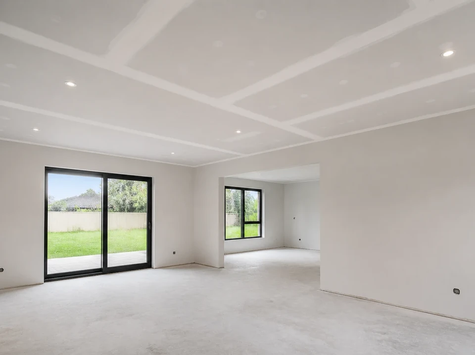 Ouvrier en bleu de travail installant un faux plafond suspendu dans un intérieur résidentiel